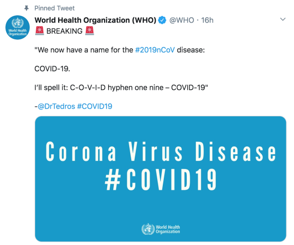 昨天,世卫组织官推宣布,新型冠状病毒引发的疾病,英文名为covid